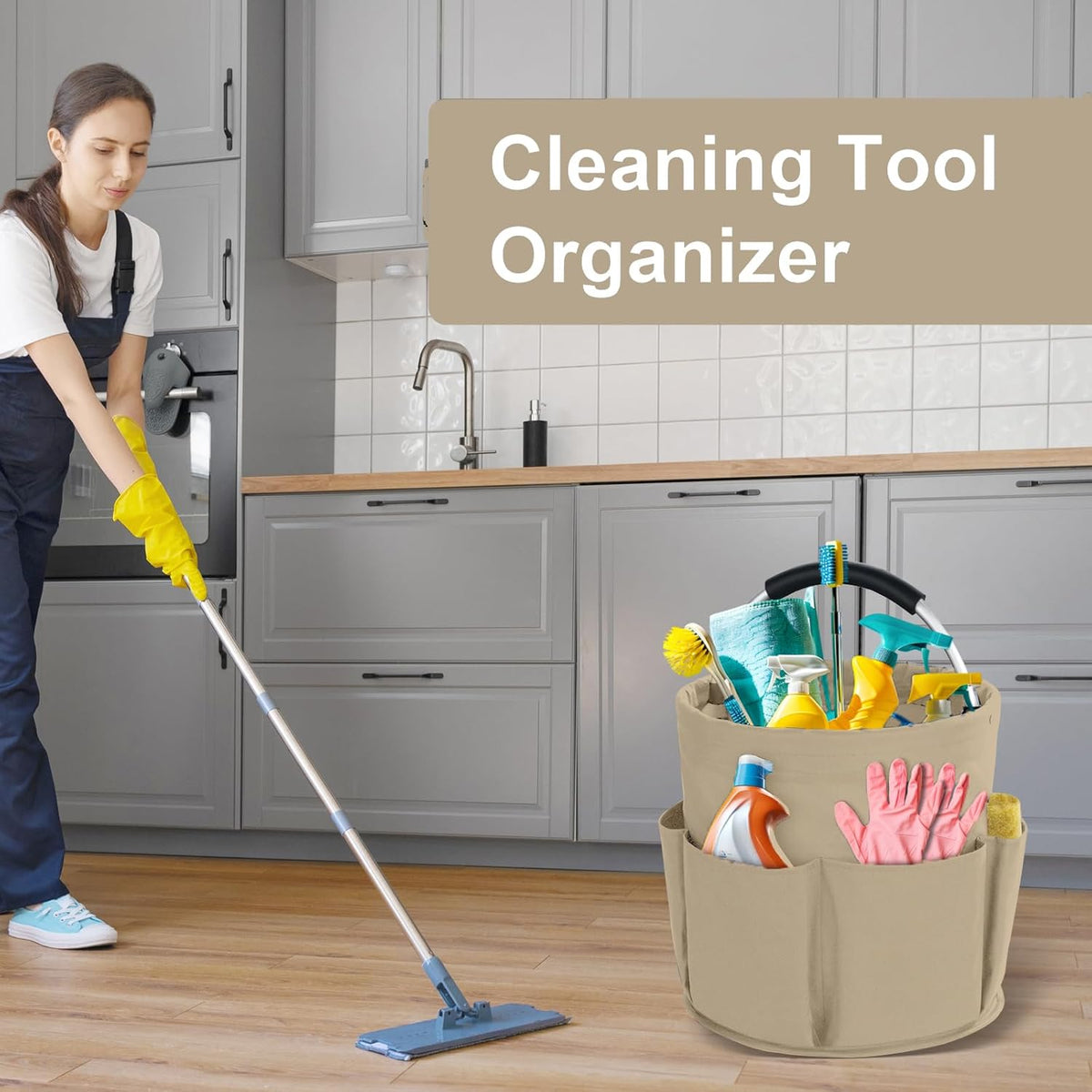 Cleaning Caddy with Handle, Cleaning Products Organiser, 17L Foldable Storage Basket, Cleaning Caddy Organiser, Portable Multi Cleaning Bucket Bag for Home, Garden (Black)