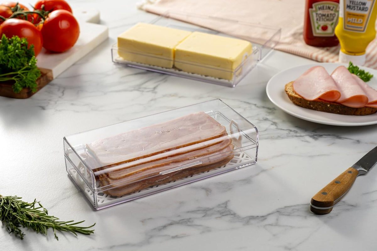 Deli Meat Container for Refrigerator with Removable Tray - Airtight Keeper for Cold Cuts, Sliced Cheese, Ham, Turkey, Salami and Pepperoni, Hinged Lid, Dishwasher Safe, Made in USA