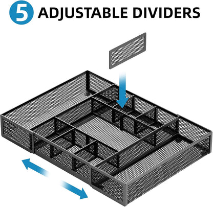 Expandable Desk Drawer Organizer, Mesh Drawer Organizer Tray with 10 Adjustable Compartments, Desk Organizers and Accessories, 5 Dividers Drawer for Office Supplies, Makeup & Vanity (Black)