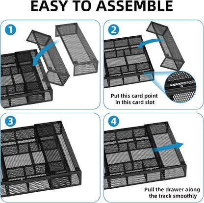 Expandable Desk Drawer Organizer, Mesh Drawer Organizer Tray with 10 Adjustable Compartments, Desk Organizers and Accessories, 5 Dividers Drawer for Office Supplies, Makeup & Vanity (Black)