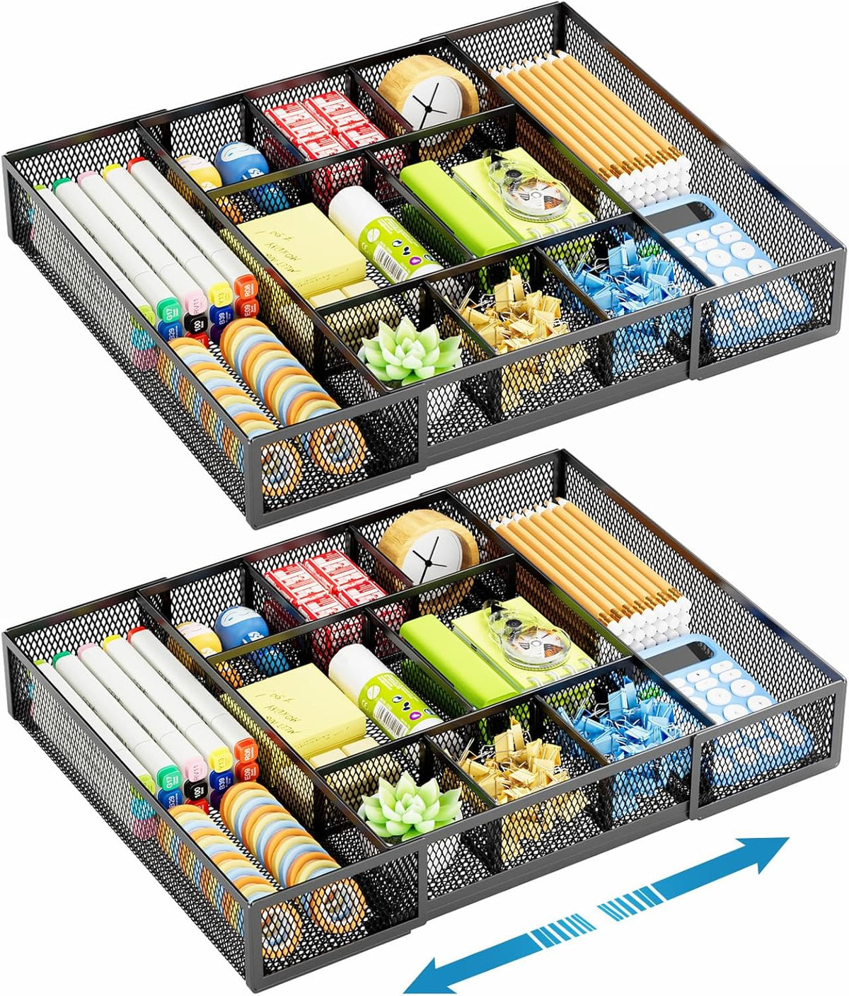 Expandable Desk Drawer Organizer, Mesh Drawer Organizer Tray with 10 Adjustable Compartments, Desk Organizers and Accessories, 5 Dividers Drawer for Office Supplies, Makeup & Vanity (Black)