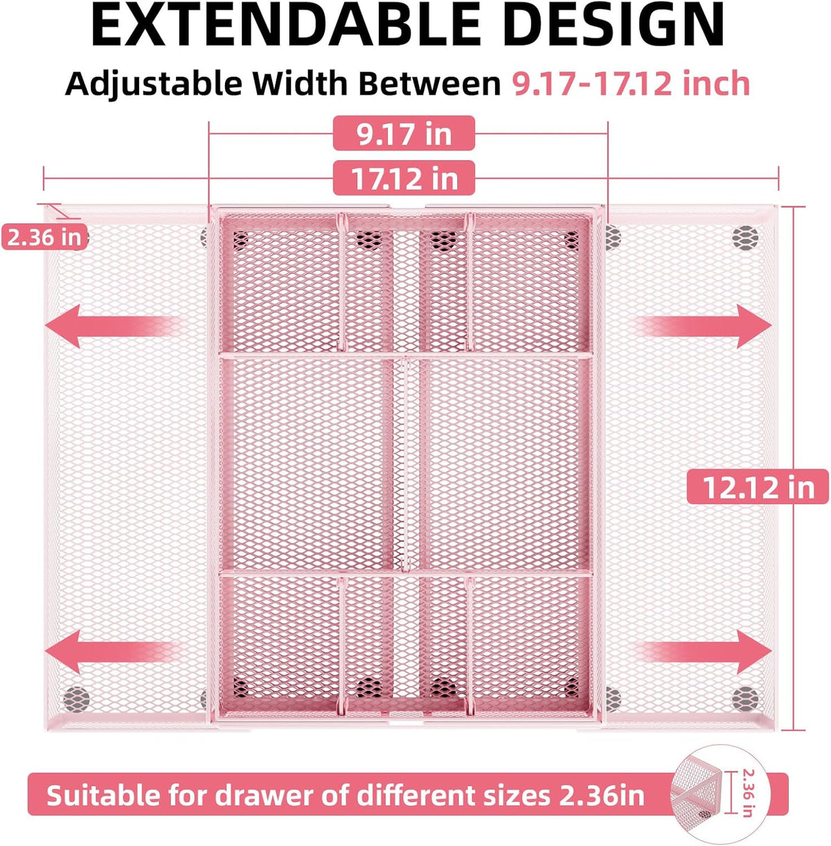 Expandable Desk Drawer Organizer, Mesh Drawer Organizer Tray with 10 Adjustable Compartments, Desk Organizers and Accessories, 5 Dividers Drawer for Office Supplies, Makeup & Vanity (Black)