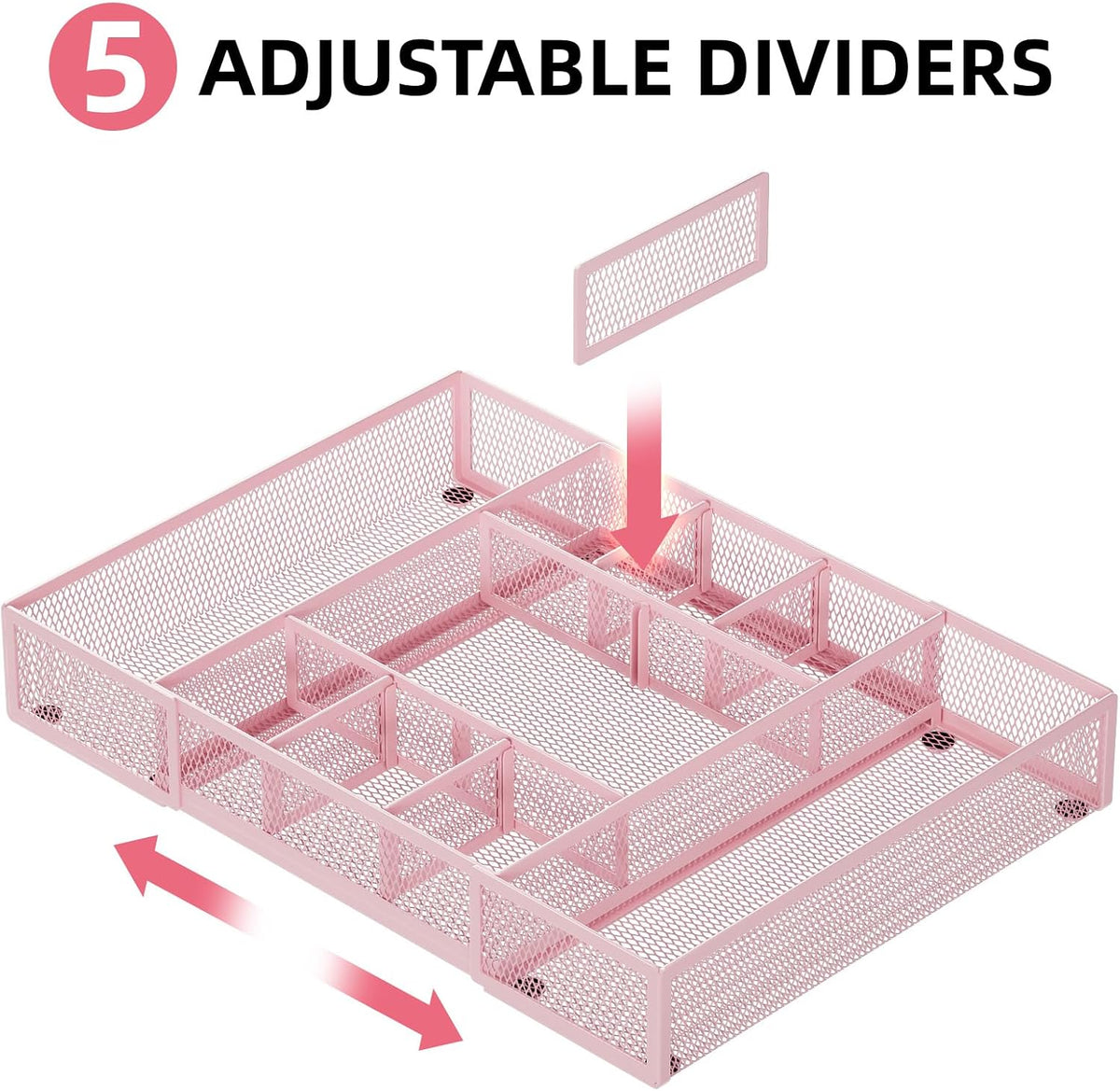 Expandable Desk Drawer Organizer, Mesh Drawer Organizer Tray with 10 Adjustable Compartments, Desk Organizers and Accessories, 5 Dividers Drawer for Office Supplies, Makeup & Vanity (Black)