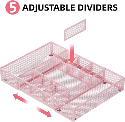 Expandable Desk Drawer Organizer, Mesh Drawer Organizer Tray with 10 Adjustable Compartments, Desk Organizers and Accessories, 5 Dividers Drawer for Office Supplies, Makeup & Vanity (Black)