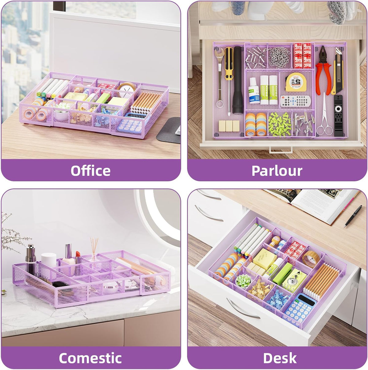 Expandable Desk Drawer Organizer, Mesh Drawer Organizer Tray with 10 Adjustable Compartments, Desk Organizers and Accessories, 5 Dividers Drawer for Office Supplies, Makeup & Vanity (Black)