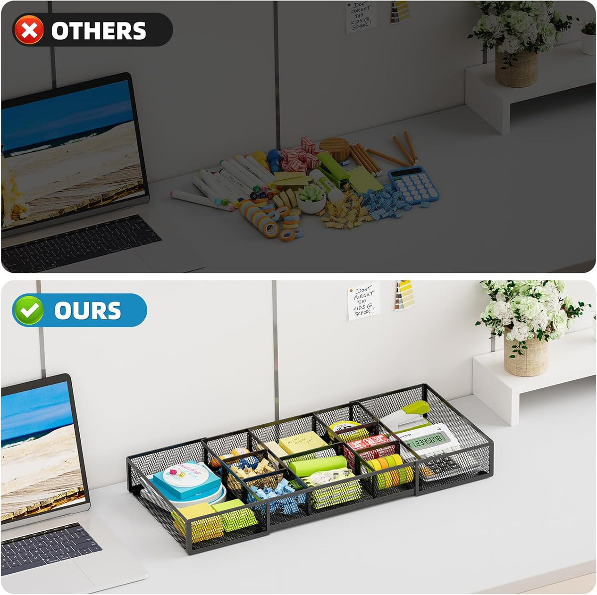 Expandable Desk Drawer Organizer, Mesh Drawer Organizer Tray with 10 Adjustable Compartments, Desk Organizers and Accessories, 5 Dividers Drawer for Office Supplies, Makeup & Vanity (Black)