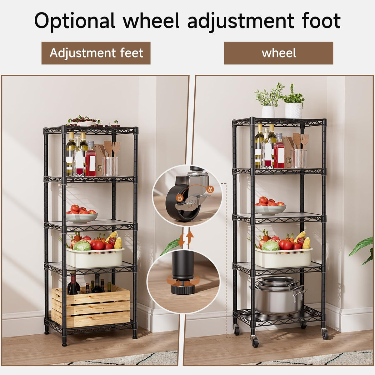 Small Shelves Storage Wire Metal Adjustable Shelf Unit with Wheels