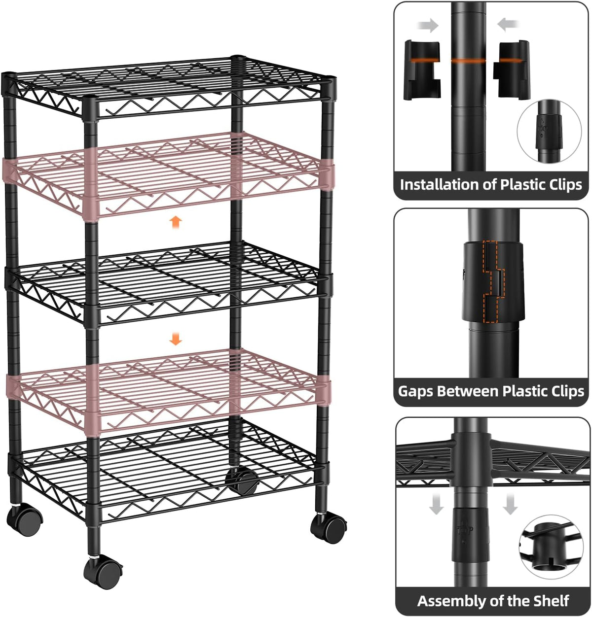 Small Shelves Storage Wire Metal Adjustable Shelf Unit with Wheels