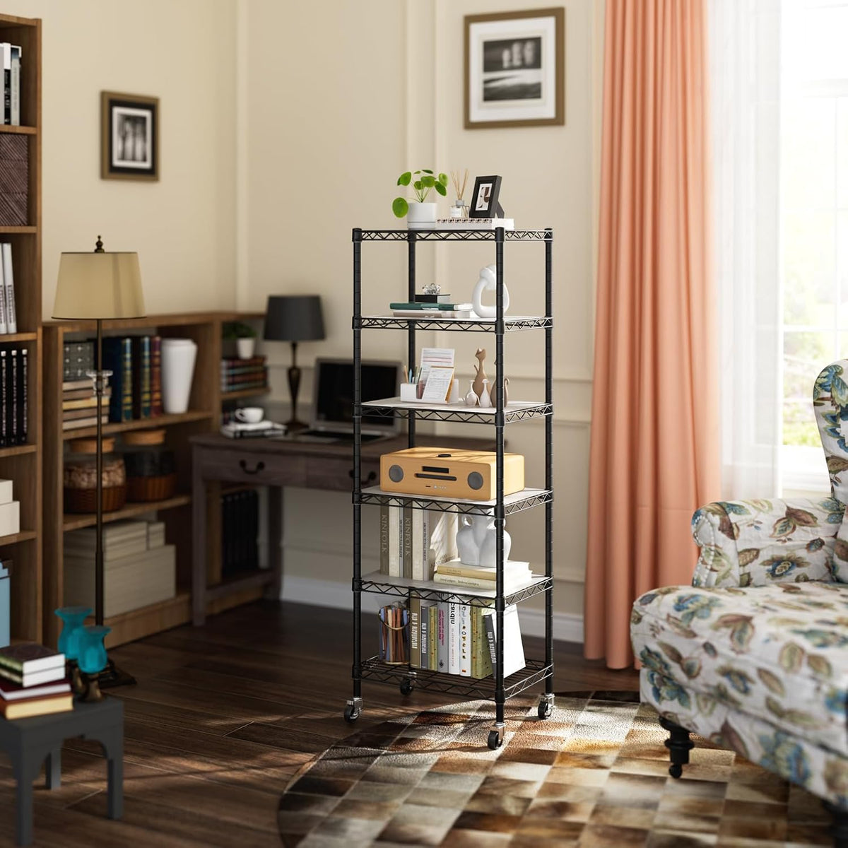 Small Shelves Storage Wire Metal Adjustable Shelf Unit with Wheels