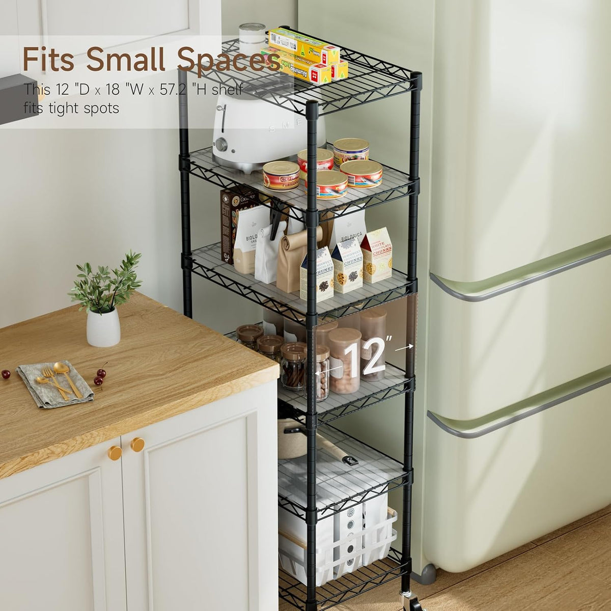 Small Shelves Storage Wire Metal Adjustable Shelf Unit with Wheels