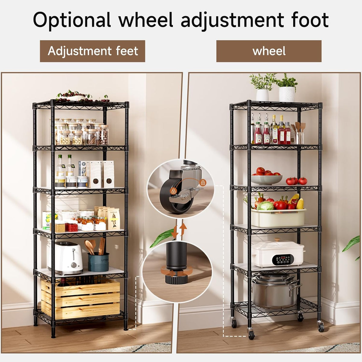 Small Shelves Storage Wire Metal Adjustable Shelf Unit with Wheels