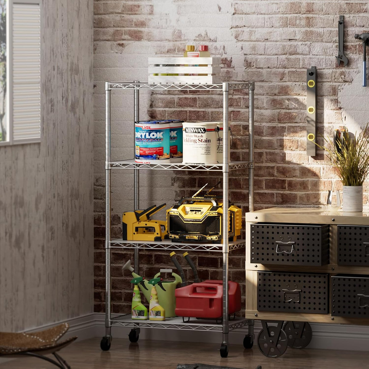 Small Shelves Storage Wire Metal Adjustable Shelf Unit with Wheels
