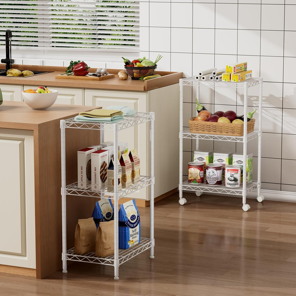 Small Shelves Storage Wire Metal Adjustable Shelf Unit with Wheels