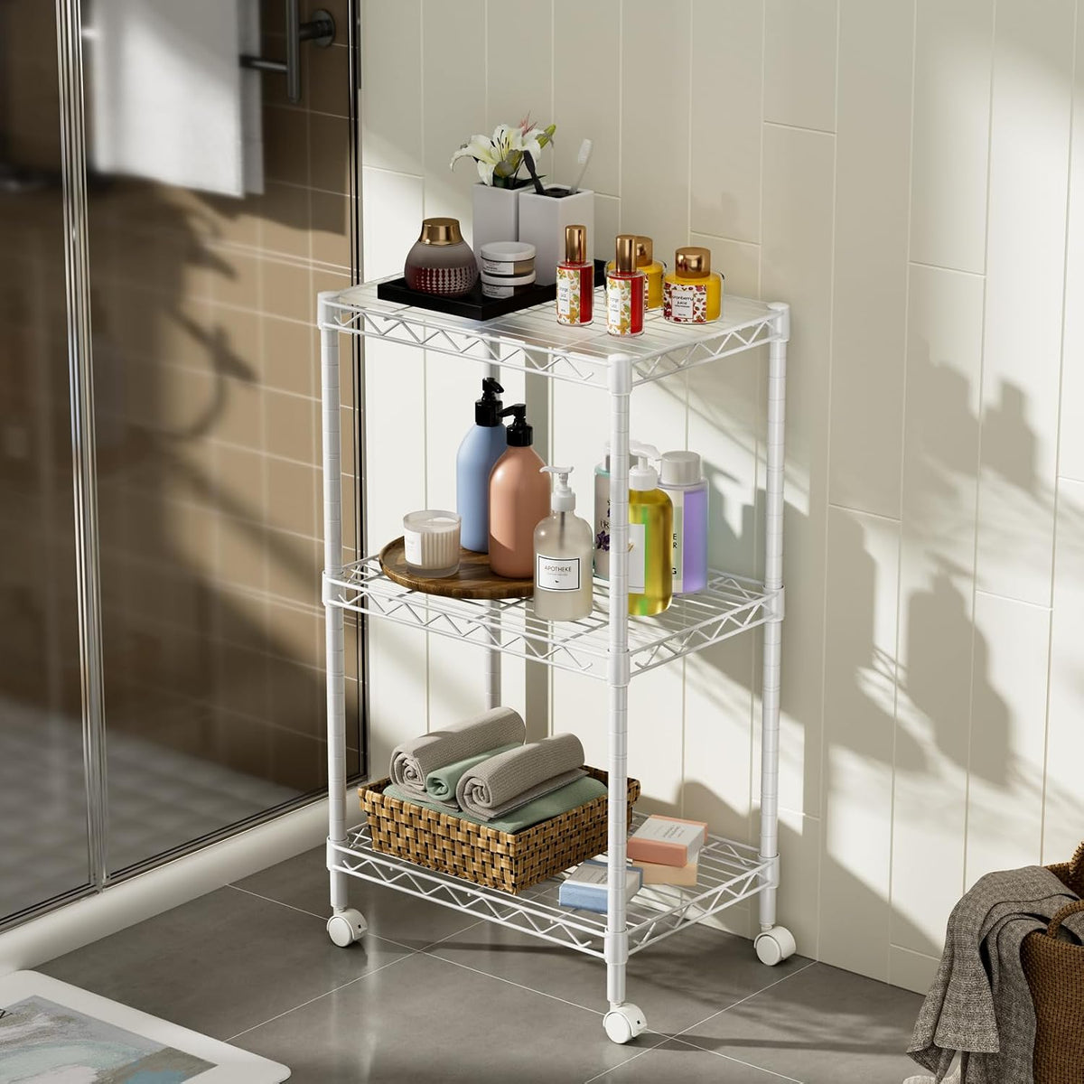 Small Shelves Storage Wire Metal Adjustable Shelf Unit with Wheels