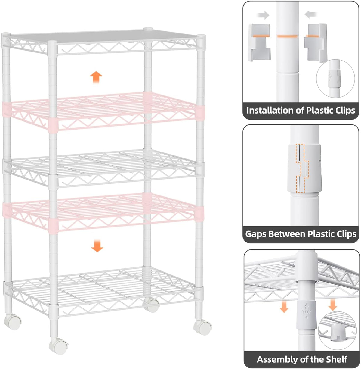Small Shelves Storage Wire Metal Adjustable Shelf Unit with Wheels