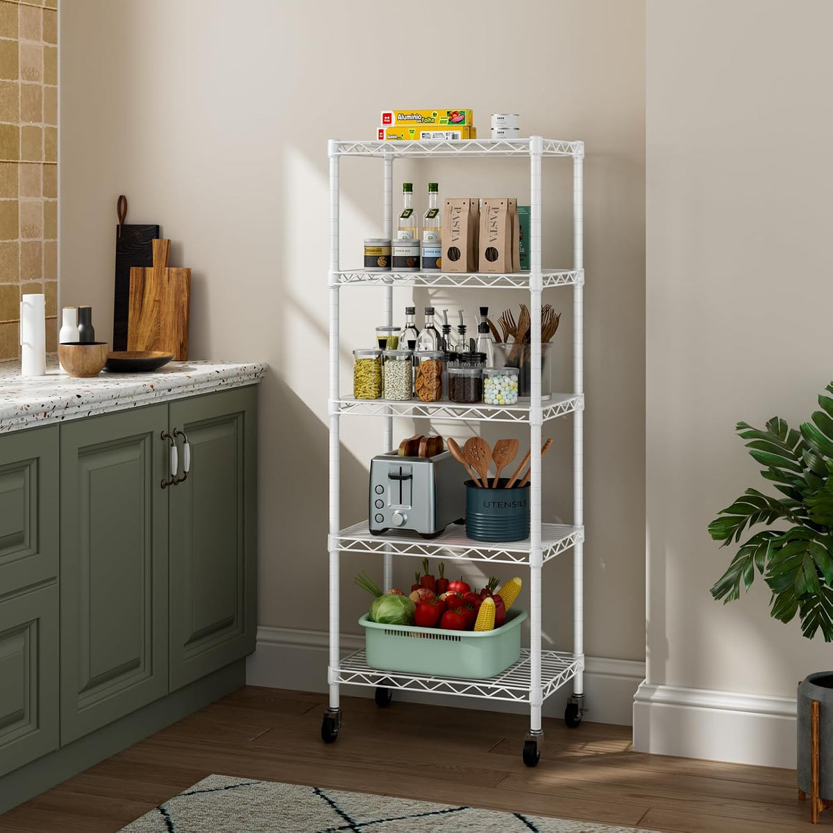 Small Shelves Storage Wire Metal Adjustable Shelf Unit with Wheels