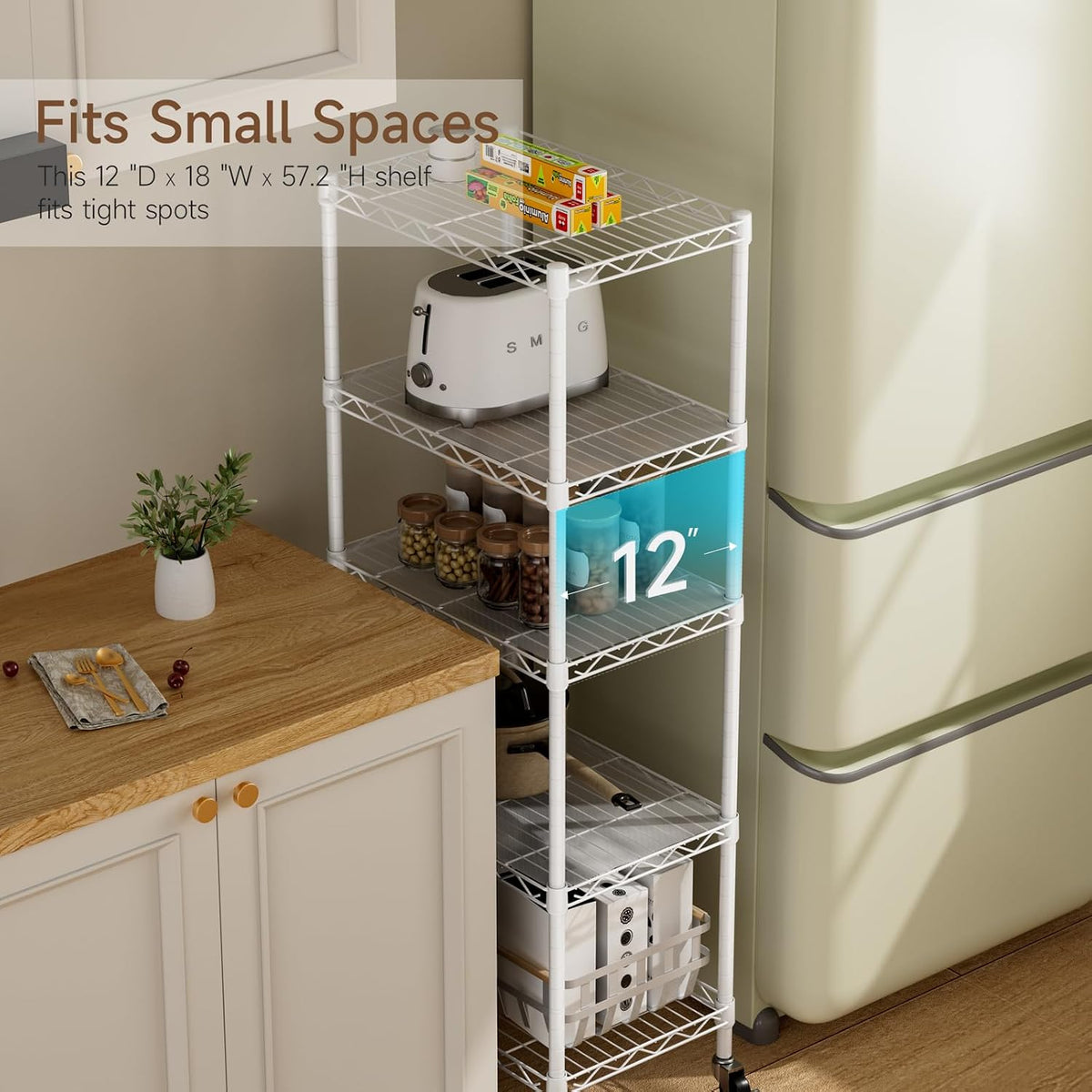 Small Shelves Storage Wire Metal Adjustable Shelf Unit with Wheels