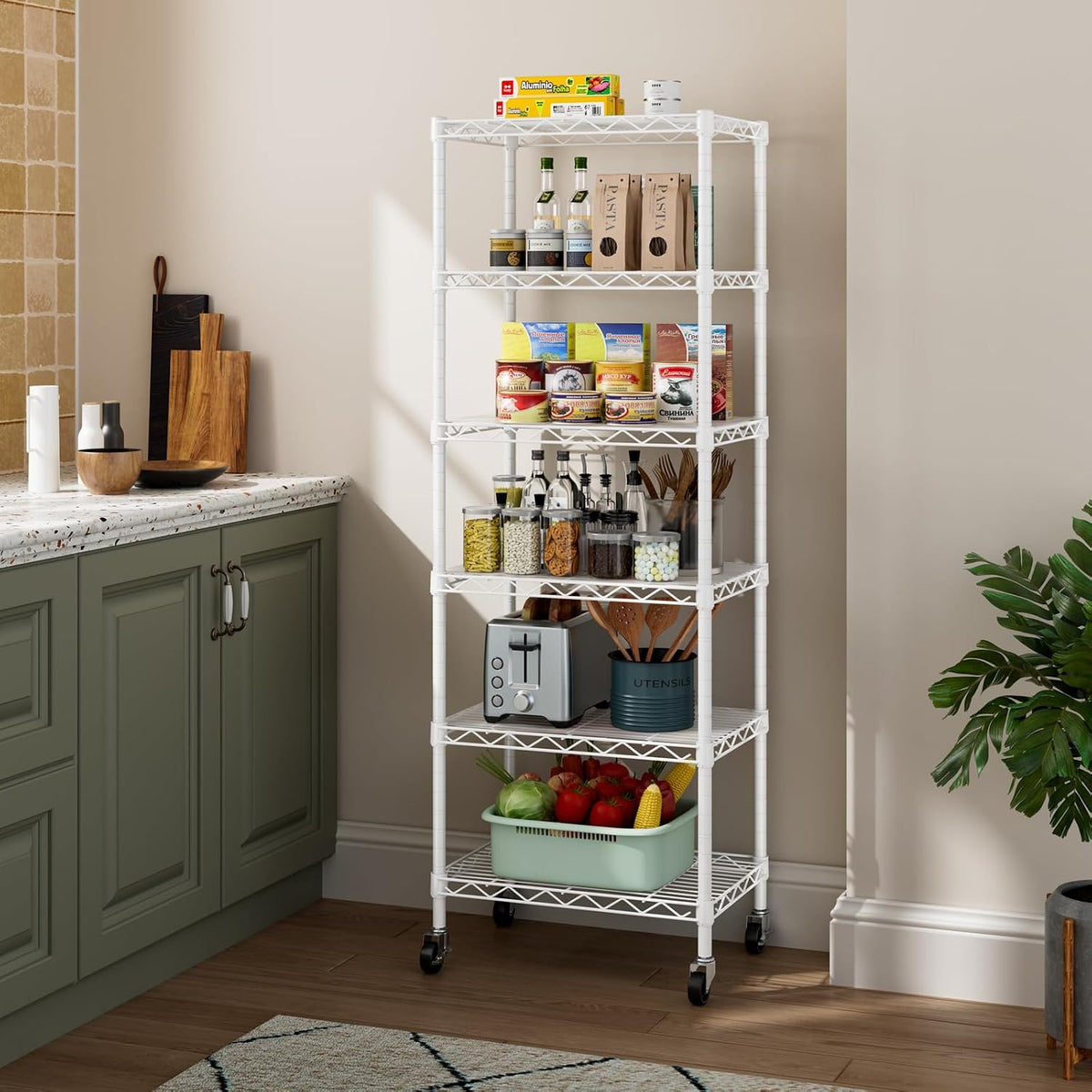 Small Shelves Storage Wire Metal Adjustable Shelf Unit with Wheels
