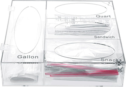 Acrylic Food Bag Storage Organizer, Acrylic Kitchen Drawer Bag Box Holder For Gallon Quart Sandwich And Snack, Compatible With Variety Size Bags Dispenser