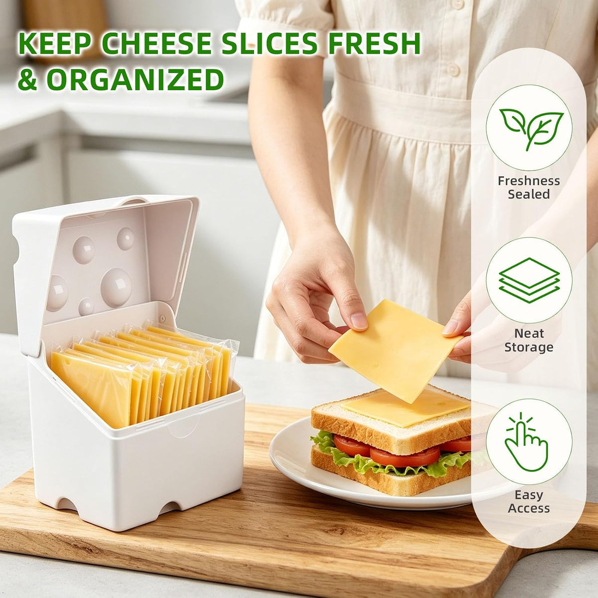 Storage Container for American Sliced Cheese, BPA-Free ABS Case Holds 24 | Durable plastic cheese container for refrigerator, organizes cheese on fridge shelves, keeps packs neat and easy to grab