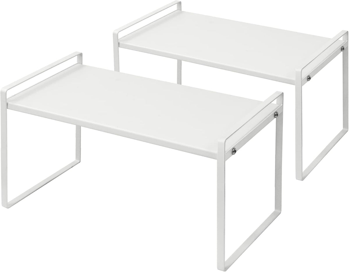 Stackable Cabinet Shelf Organizer 2 Pack, Standard Tall White | Heavy-Duty 3mm Steel Stackable 2-Tier Shelf, Holds 50 lb, for Kitchen Cabinet Pantry Cupboard Counter Bathroom Under Sink