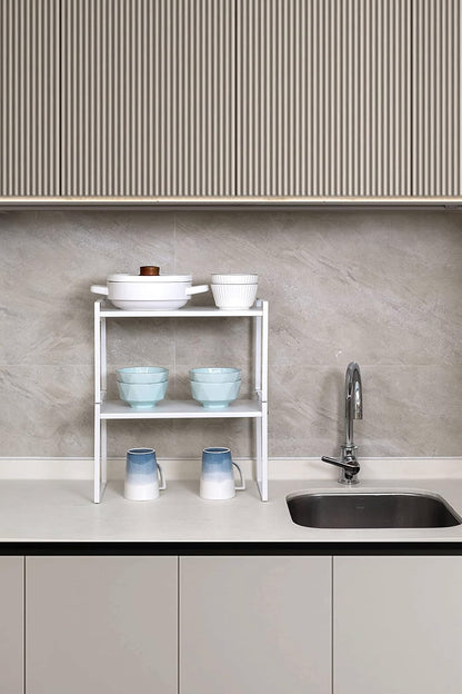 Stackable Cabinet Shelf Organizer 2 Pack, Standard Tall White | Heavy-Duty 3mm Steel Stackable 2-Tier Shelf, Holds 50 lb, for Kitchen Cabinet Pantry Cupboard Counter Bathroom Under Sink