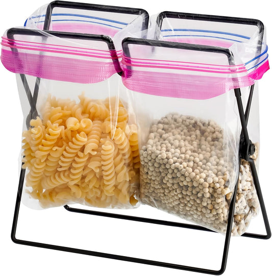 Versatile Metal Zip Lock Bag Holder with Artistic Iron Craftsmanship for Leakproof and Effortless One-Handed Packing, Sized for Kitchen and Household Use (7.1"D x 4.3"W x 6.7"H)