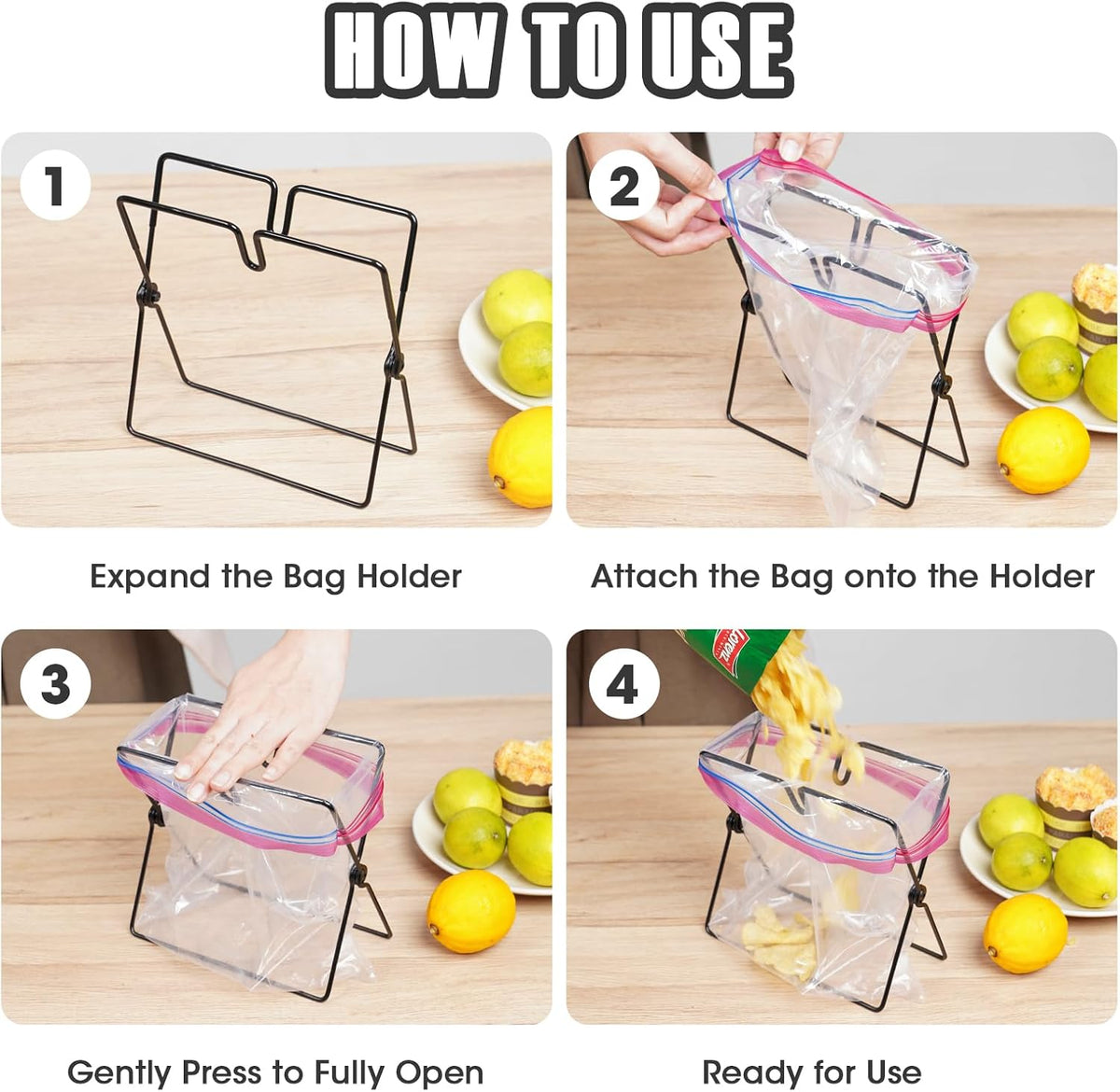 Versatile Metal Zip Lock Bag Holder with Artistic Iron Craftsmanship for Leakproof and Effortless One-Handed Packing, Sized for Kitchen and Household Use (7.1"D x 4.3"W x 6.7"H)