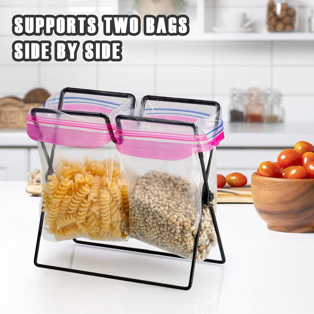 Versatile Metal Zip Lock Bag Holder with Artistic Iron Craftsmanship for Leakproof and Effortless One-Handed Packing, Sized for Kitchen and Household Use (7.1"D x 4.3"W x 6.7"H)