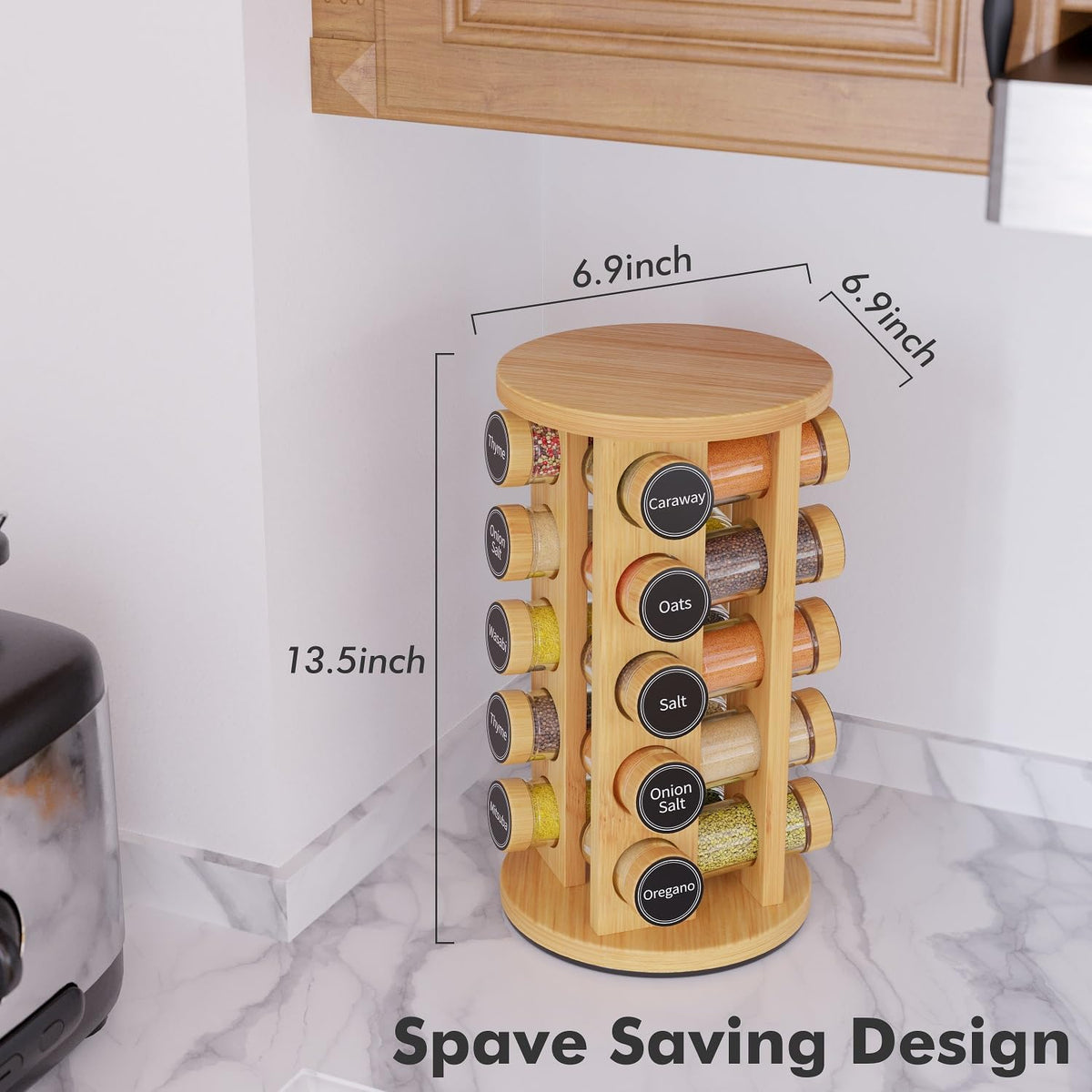 Revolving Spice Rack Set with 20 Spice Jars, Kitchen Spice Tower Organizer for Countertop or Cabinet -- Carousel Storage Includes 386 Spice Labels -- Desktop Rotating Seasoning Organizer