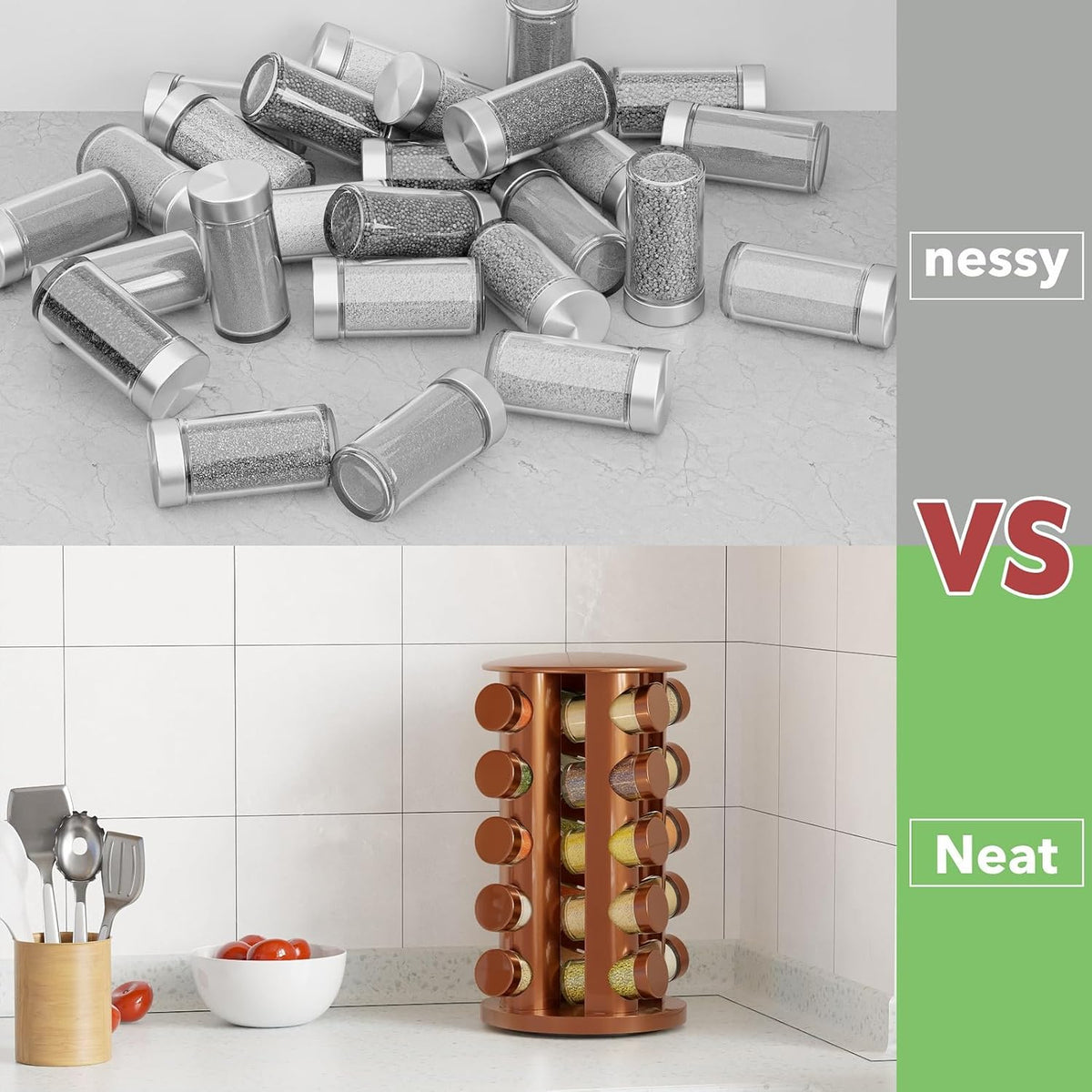 Revolving Spice Rack Set with 20 Spice Jars, Kitchen Spice Tower Organizer for Countertop or Cabinet -- Carousel Storage Includes 386 Spice Labels -- Desktop Rotating Seasoning Organizer
