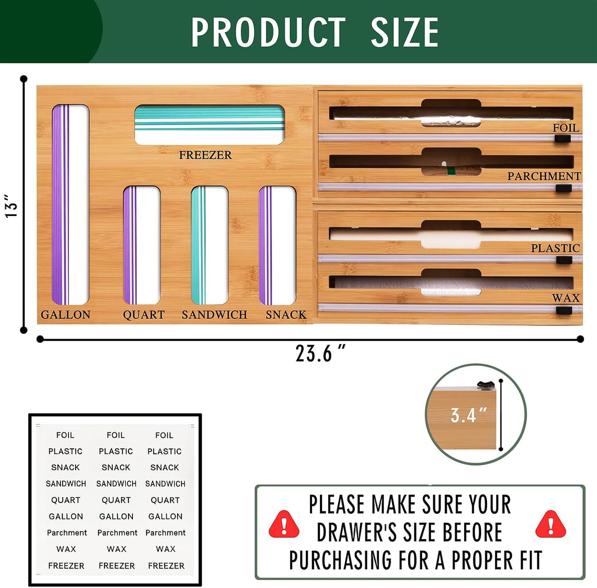 9 In 1 Storage Bag Organizer And Plastic Wrap Dispenser With Cutter, Bamboo Foil and Plastic Wrap Organizer