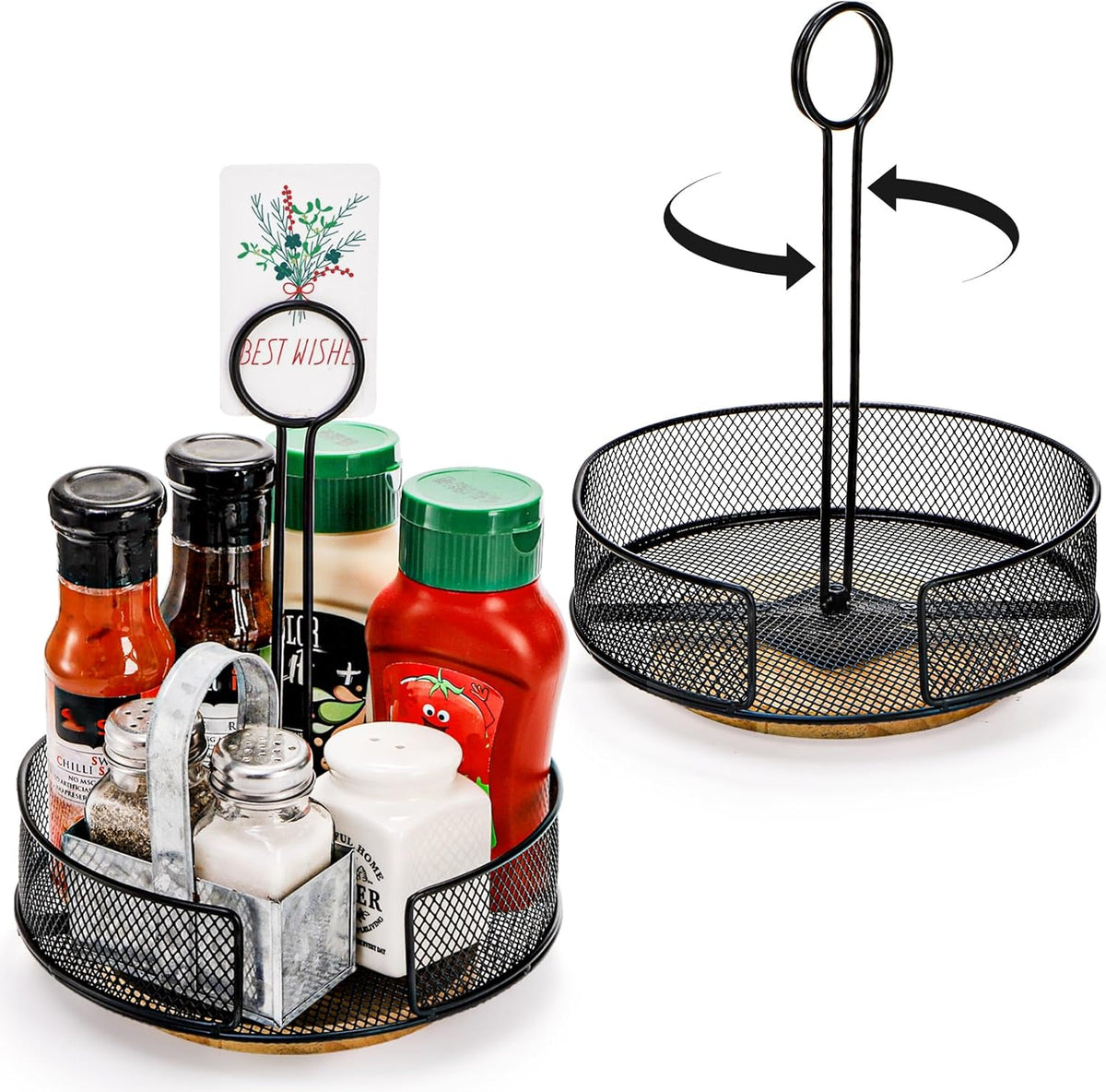 2 Pack Metal Rotating Condiment Caddy with Number Card Holder, 7.75 Inch Round Caddy with Wooden Base, Black Coated Table Seasoning Organizer for Grill Outdoors, Dining Table, BBQ