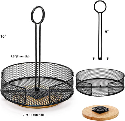2 Pack Metal Rotating Condiment Caddy with Number Card Holder, 7.75 Inch Round Caddy with Wooden Base, Black Coated Table Seasoning Organizer for Grill Outdoors, Dining Table, BBQ