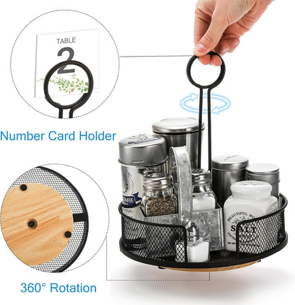 2 Pack Metal Rotating Condiment Caddy with Number Card Holder, 7.75 Inch Round Caddy with Wooden Base, Black Coated Table Seasoning Organizer for Grill Outdoors, Dining Table, BBQ