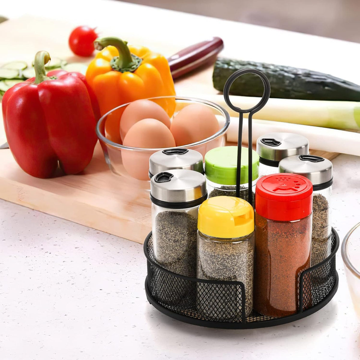 2 Pack Metal Rotating Condiment Caddy with Number Card Holder, 7.75 Inch Round Caddy with Wooden Base, Black Coated Table Seasoning Organizer for Grill Outdoors, Dining Table, BBQ