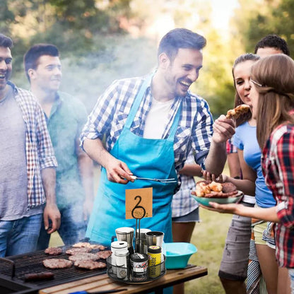 2 Pack Metal Rotating Condiment Caddy with Number Card Holder, 7.75 Inch Round Caddy with Wooden Base, Black Coated Table Seasoning Organizer for Grill Outdoors, Dining Table, BBQ