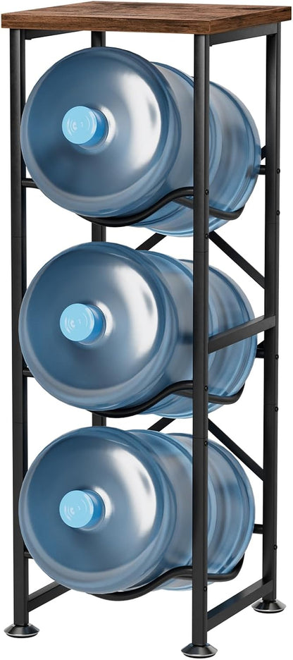 5 Gallon Water Jug Holder, 3-Tier Water Bottle Holder with Wood Top Shelf, Heavy Duty Water Cooler Jug Rack, Water Dispenser Storage Stand for Office and Living Room