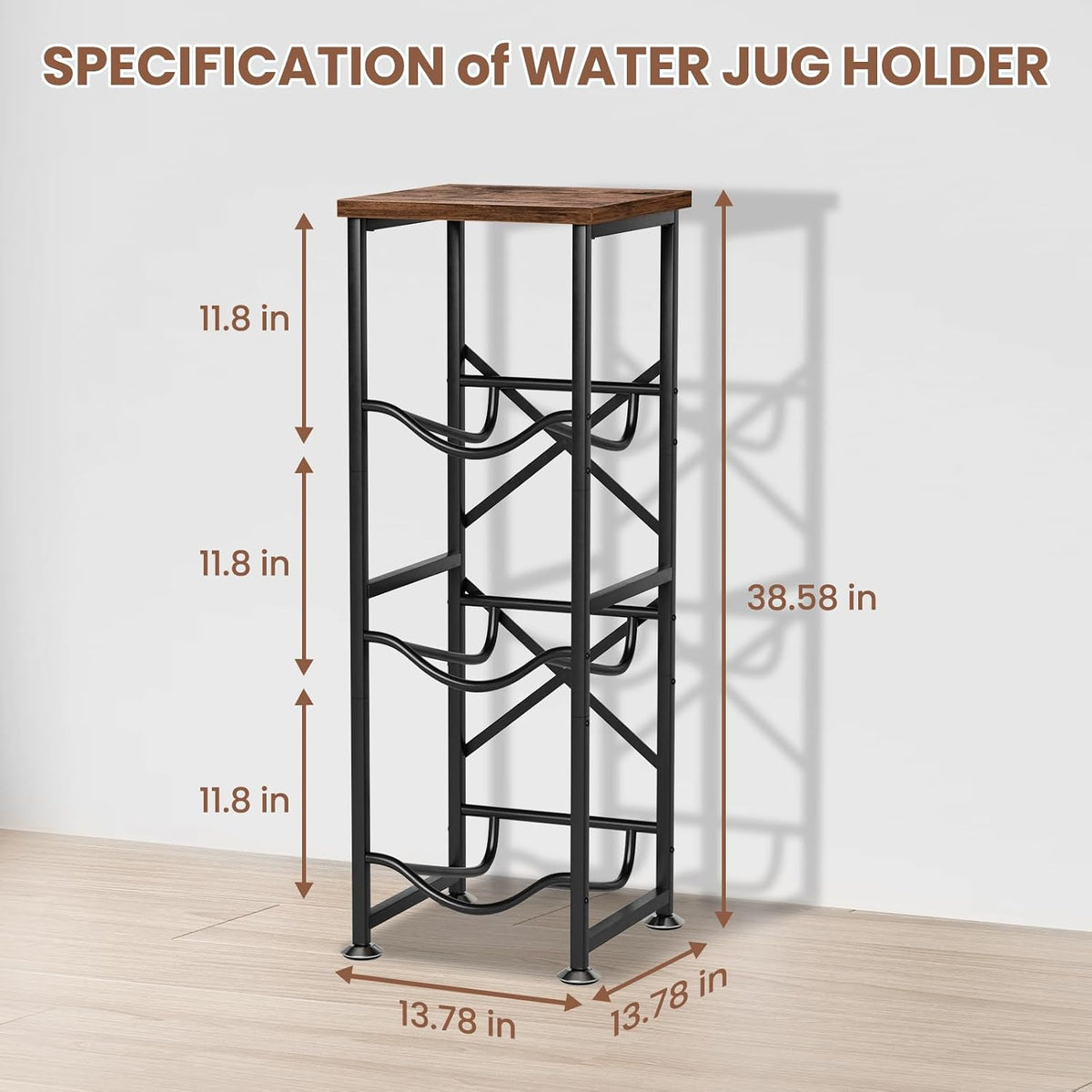 5 Gallon Water Jug Holder, 3-Tier Water Bottle Holder with Wood Top Shelf, Heavy Duty Water Cooler Jug Rack, Water Dispenser Storage Stand for Office and Living Room