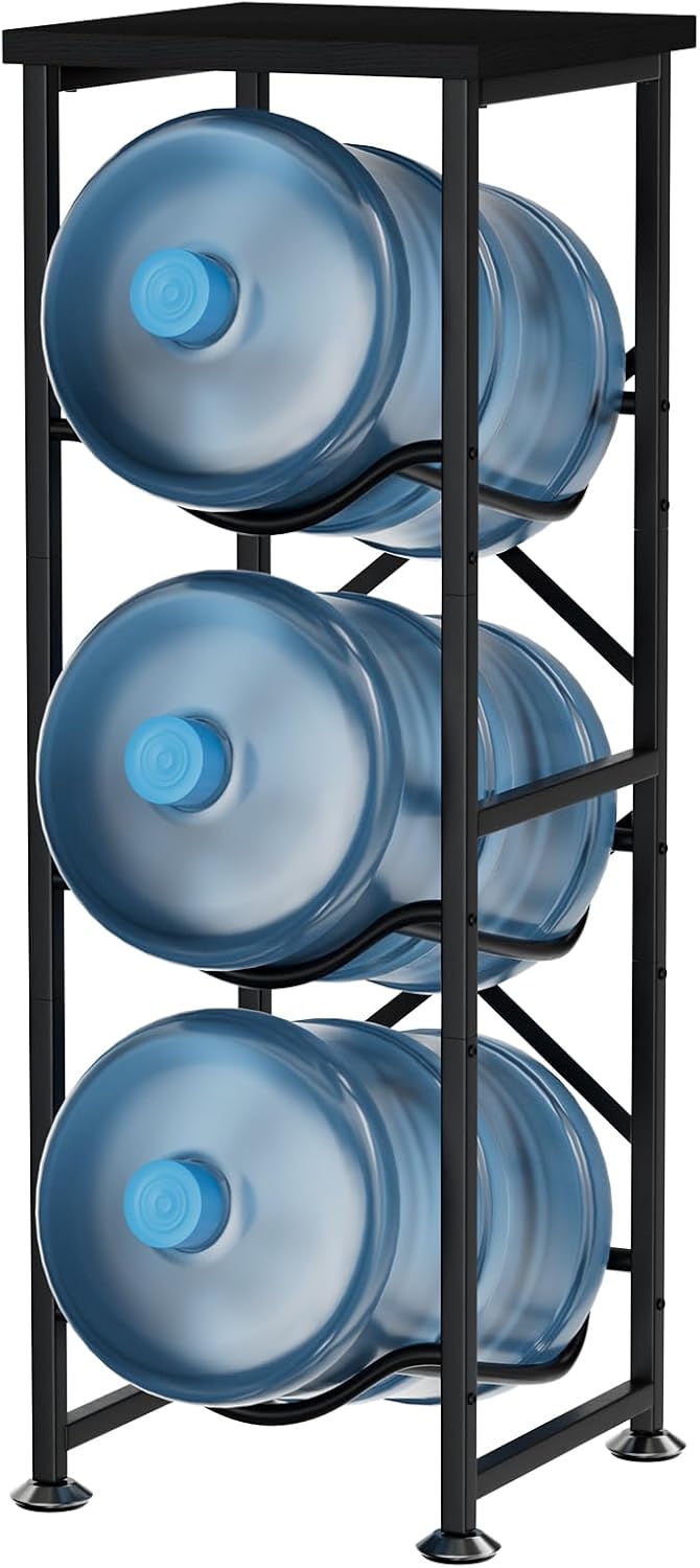 5 Gallon Water Jug Holder, 3-Tier Water Bottle Holder with Wood Top Shelf, Heavy Duty Water Cooler Jug Rack, Water Dispenser Storage Stand for Office and Living Room