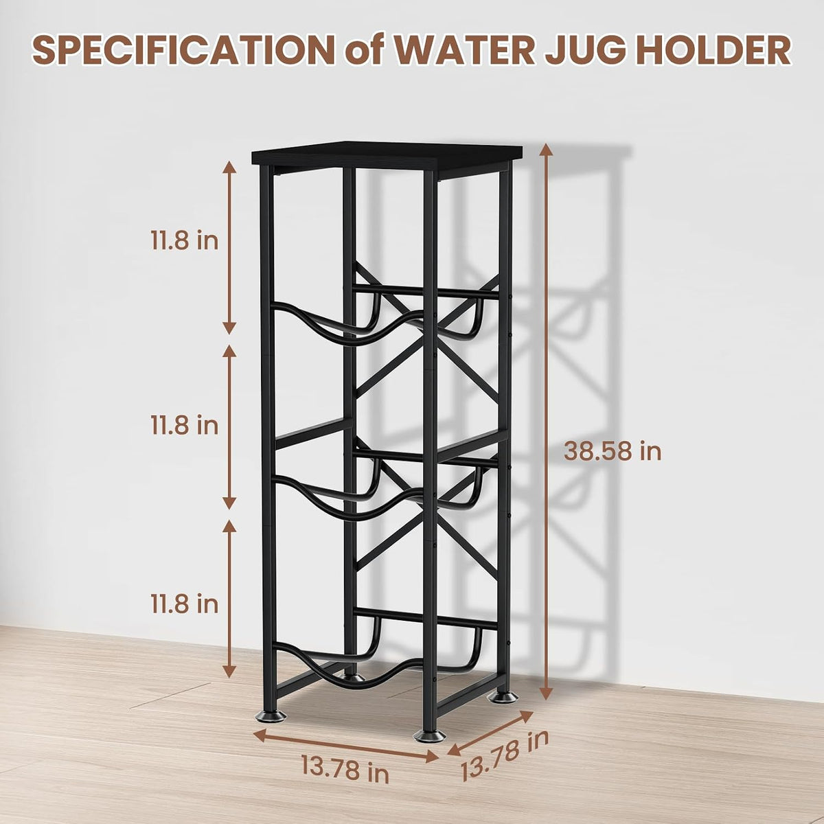 5 Gallon Water Jug Holder, 3-Tier Water Bottle Holder with Wood Top Shelf, Heavy Duty Water Cooler Jug Rack, Water Dispenser Storage Stand for Office and Living Room