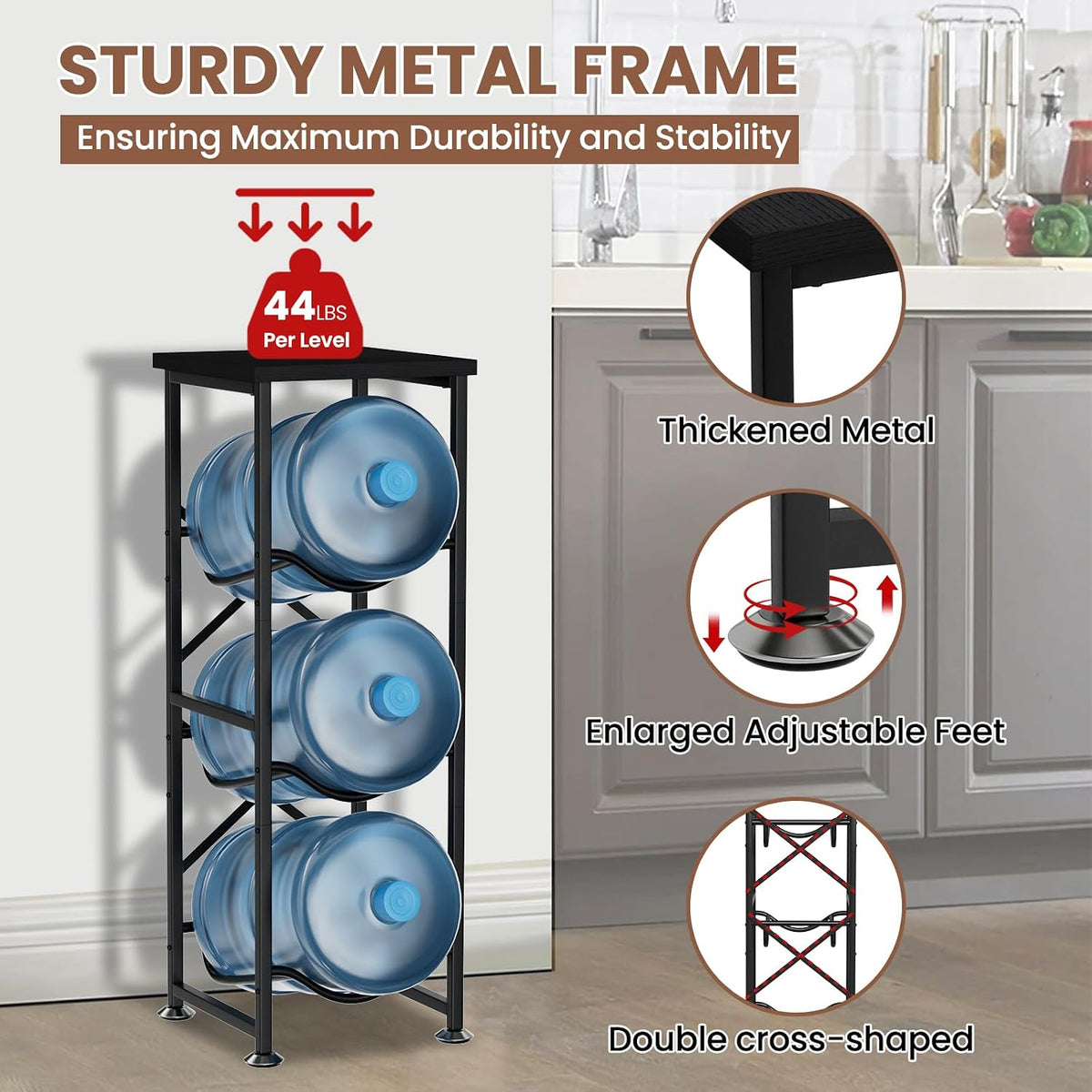 5 Gallon Water Jug Holder, 3-Tier Water Bottle Holder with Wood Top Shelf, Heavy Duty Water Cooler Jug Rack, Water Dispenser Storage Stand for Office and Living Room