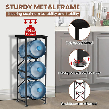 5 Gallon Water Jug Holder, 3-Tier Water Bottle Holder with Wood Top Shelf, Heavy Duty Water Cooler Jug Rack, Water Dispenser Storage Stand for Office and Living Room