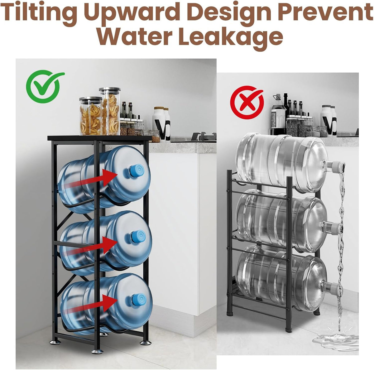 5 Gallon Water Jug Holder, 3-Tier Water Bottle Holder with Wood Top Shelf, Heavy Duty Water Cooler Jug Rack, Water Dispenser Storage Stand for Office and Living Room