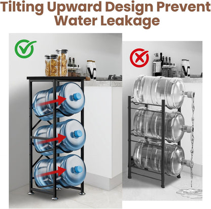 5 Gallon Water Jug Holder, 3-Tier Water Bottle Holder with Wood Top Shelf, Heavy Duty Water Cooler Jug Rack, Water Dispenser Storage Stand for Office and Living Room
