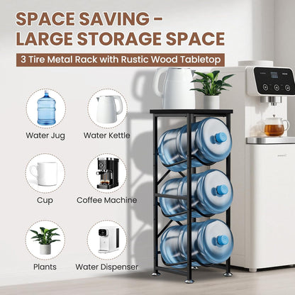 5 Gallon Water Jug Holder, 3-Tier Water Bottle Holder with Wood Top Shelf, Heavy Duty Water Cooler Jug Rack, Water Dispenser Storage Stand for Office and Living Room