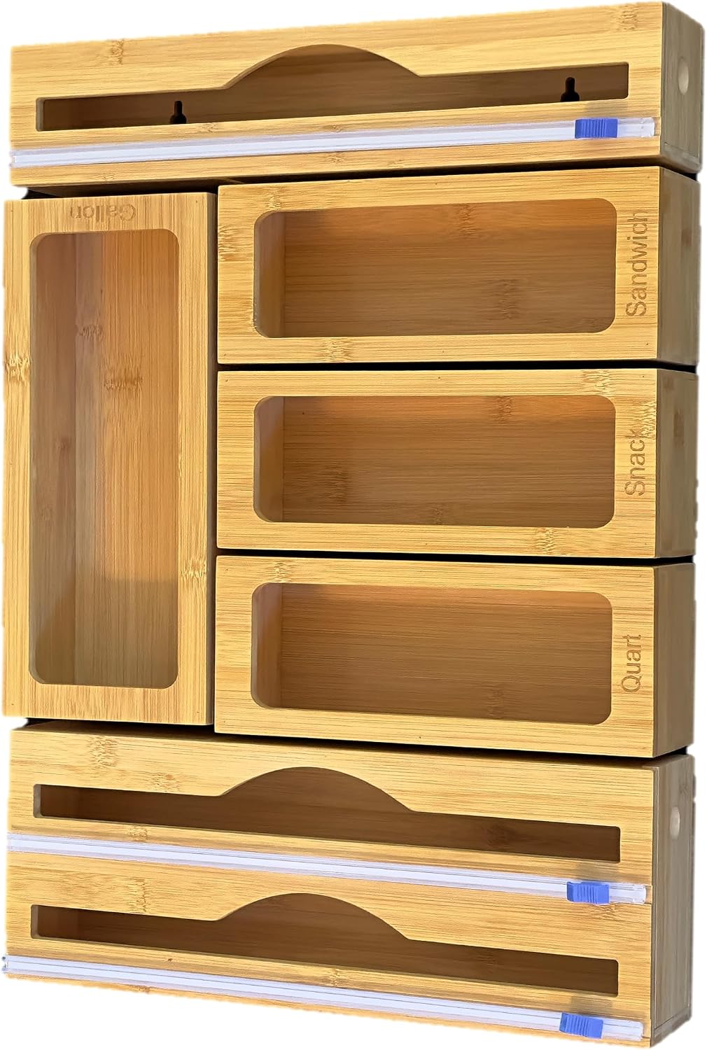 Incredinest Bamboo Drawer Organizer Bag Holder – Modular Design Zip Lock Bag Organizer Plastic Wrap Dispenser with Cutter – Baggie Organizer for Drawer with Single and Double Wrap Dispenser