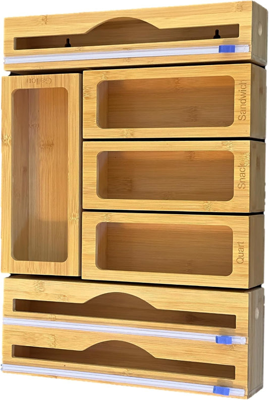 Incredinest Bamboo Drawer Organizer Bag Holder – Modular Design Zip Lock Bag Organizer Plastic Wrap Dispenser with Cutter – Baggie Organizer for Drawer with Single and Double Wrap Dispenser
