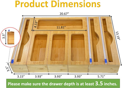 Incredinest Bamboo Drawer Organizer Bag Holder – Modular Design Zip Lock Bag Organizer Plastic Wrap Dispenser with Cutter – Baggie Organizer for Drawer with Single and Double Wrap Dispenser
