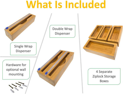 Incredinest Bamboo Drawer Organizer Bag Holder – Modular Design Zip Lock Bag Organizer Plastic Wrap Dispenser with Cutter – Baggie Organizer for Drawer with Single and Double Wrap Dispenser
